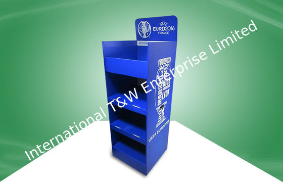 Ein guter Preis. Vier Regale Positions-Pappe zeigt blaue Versammlungs-Boden-Ausstellungsstände an Online