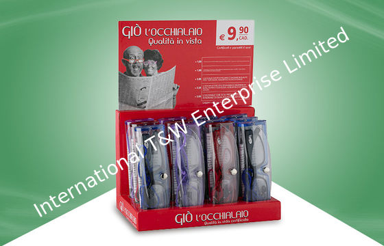 Ein guter Preis. Roter Pappecountertop zeigt Tischplatten-Display-Unit Lesebrille an Online